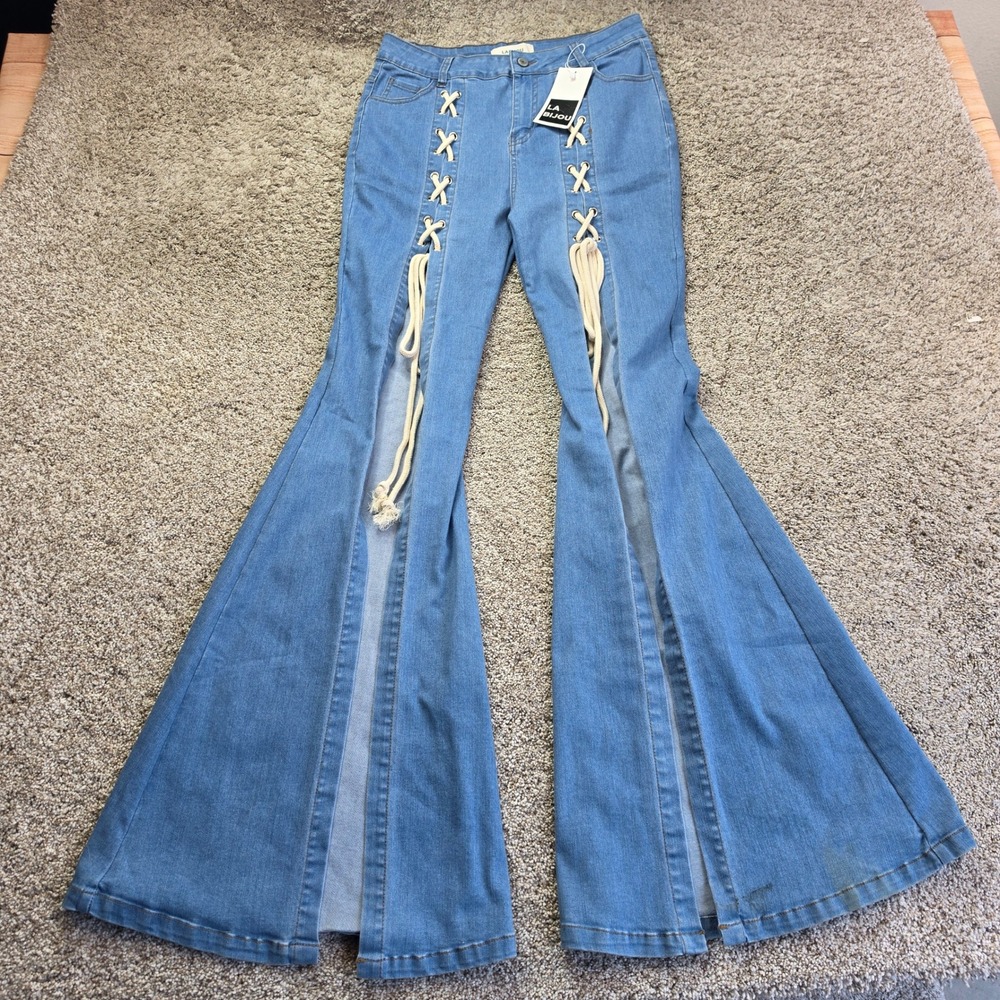 La Bijou Lace Up Flare Jeans Womens L Light Wash Blue Bell Bottom Lace Ladies